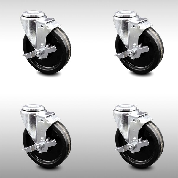 5 Inch SS Phenolic Wheel Swivel Bolt Hole Caster Set with Brake